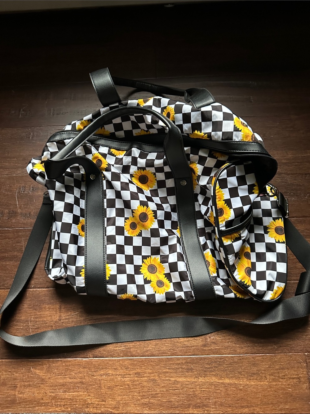 Madden Girl Black & White Checkerboard Sunflower Travel Bag